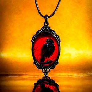 Red Moon Eagle Cameo Necklace Gothic Style Glass Pendent Choker Mystic Witch Jew